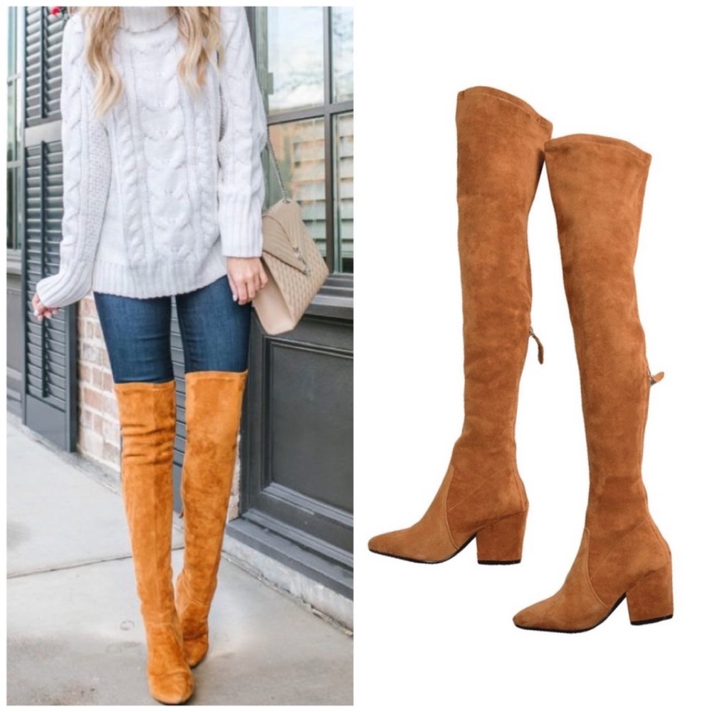 Women's Over-the-Knee Suede Block Heel Boots - Tan